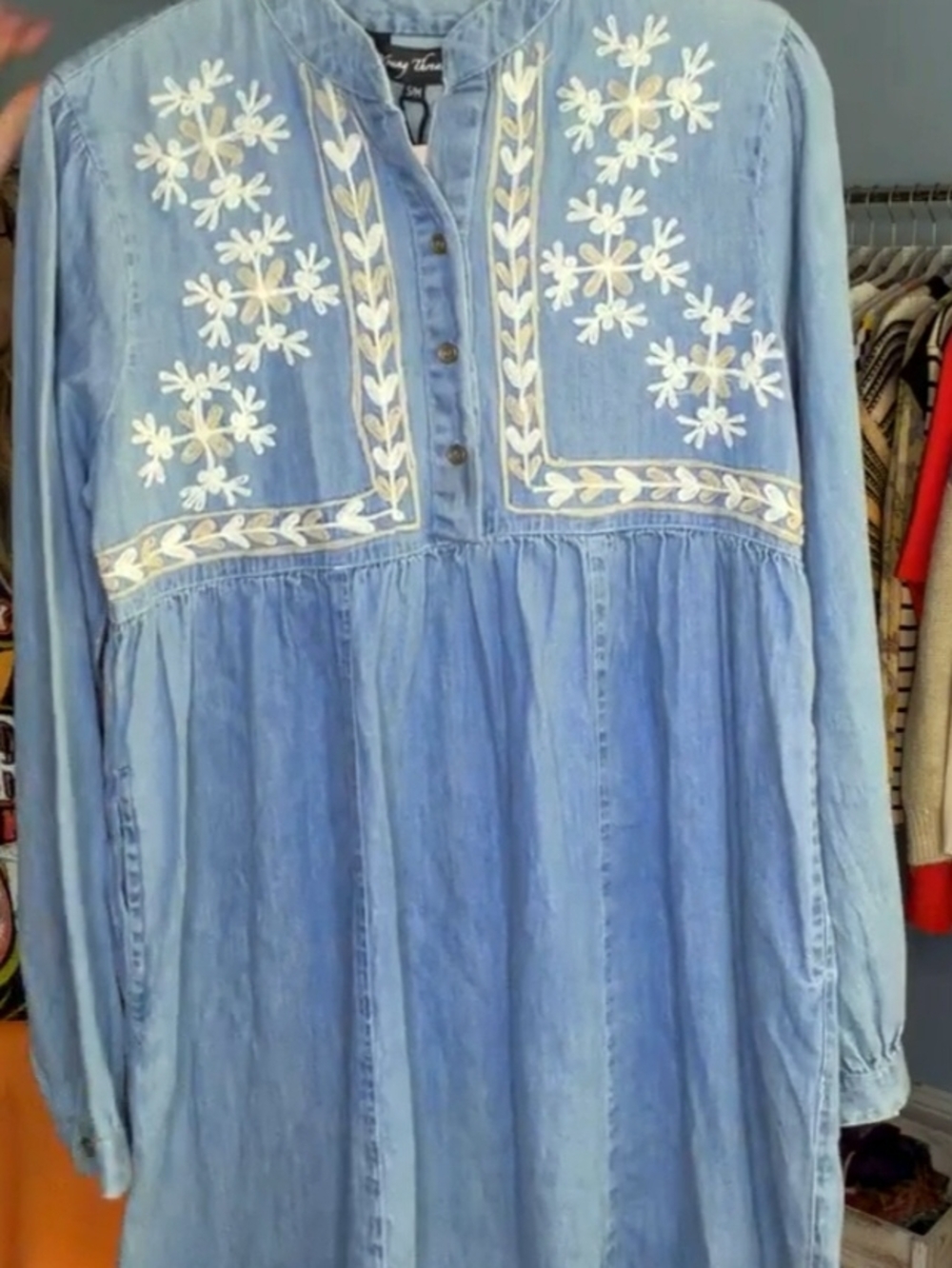 Young Threads Embroidered Light Blue Denim Midi Dress Sz S/M